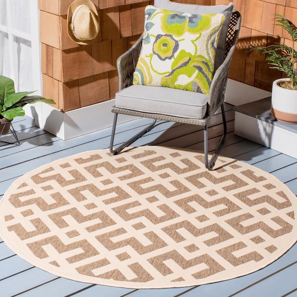 Courtyard Brown/Bone 8 ft. x 8 ft. Round Geometric Indoor/Outdoor Patio  Area Rug