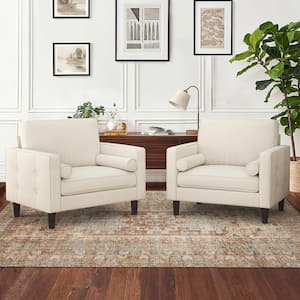 Loyo Mid Century Beige Chenille Fabric Upholstered Accent Chair Solid Wood Frame Button Tufted Armchair (Set of 2)