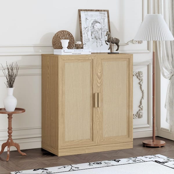 36 in. Tall Natural Wood Grain Wood 2-Shelf Standard Bookcase with Rattan Doors, Storage