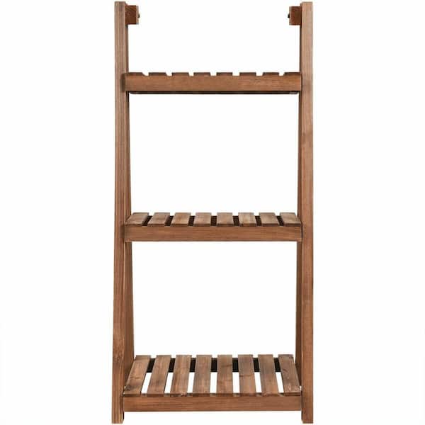 WELLFOR 37 in. Tall Folding Indoor Outdoor Dark Brown Fir Wood Plant Stand (3-Tiered)