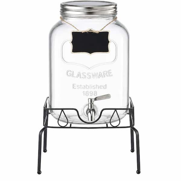 2 Gal. Glass Drink Dispenser, Beverage Dispenser with 18/8 Stainless Steel Spigot, Stand and Lid for Parties