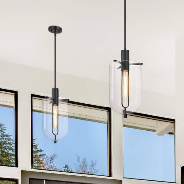 Skylar 60 Watt 1-Light Matte Black Down Pendant Light with Clear Glass Shade