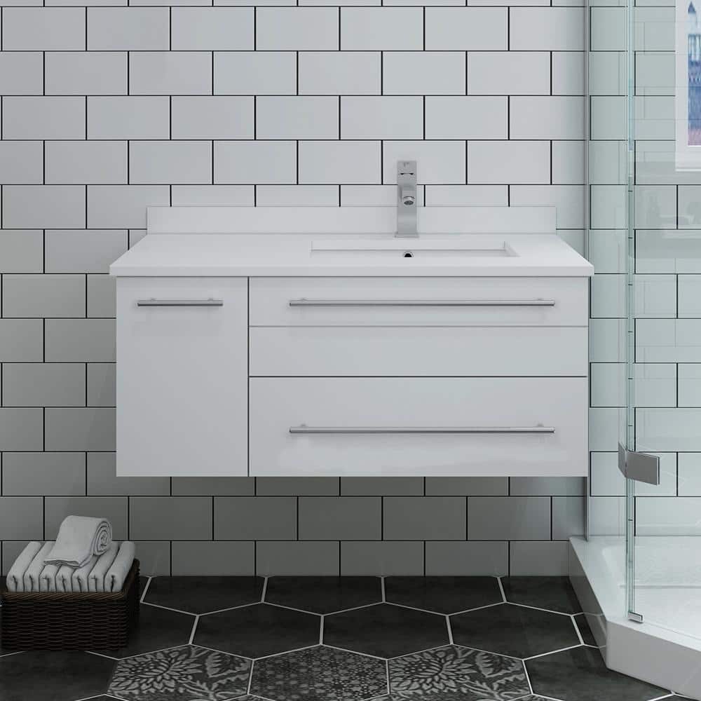 White 36" Wall-Mount Vanity with Quartz Top and Ceramic Sink