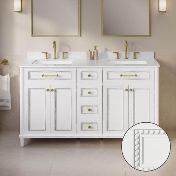 Davenham 60 in. Double Sink Freestanding White Bath Vanity with White Quartz Top (Assembled)