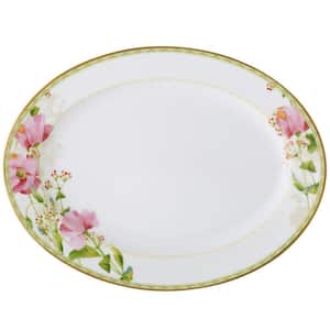 Poppy Place 14 in. x 10 in. (White and Pink) Porcelain Oval Platter