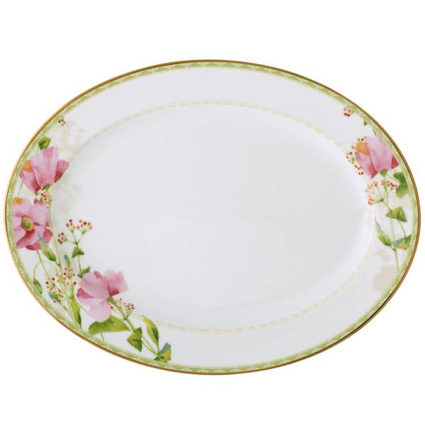 Noritake Poppy Place 14 in. x 10 in. (White and Pink) Porcelain Oval Platter