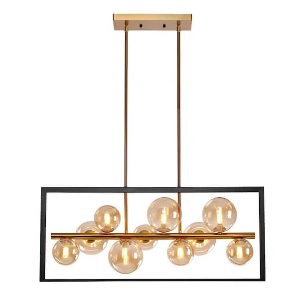 Unbranded Decomus 400- Watt 10-Lights Brushed Gold Shaded Pendant Light with Amber Glass shades, No Bulbs Included