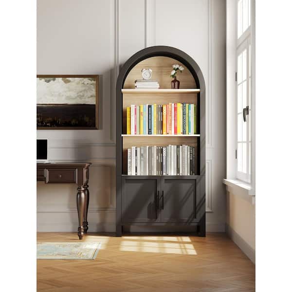 anpport Mid-Century Modern 66.7 in. Tall Black Wood 3-Shelf Arched Accent Bookcase with 2 Doors