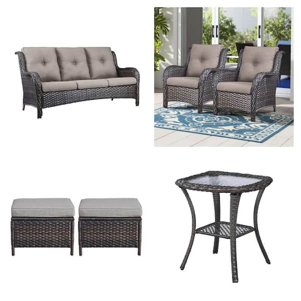 Wicker 3 Seat Sofa, 2-Pack Lounge Chair, Ottoman 2-Pack and Square Side Table Set