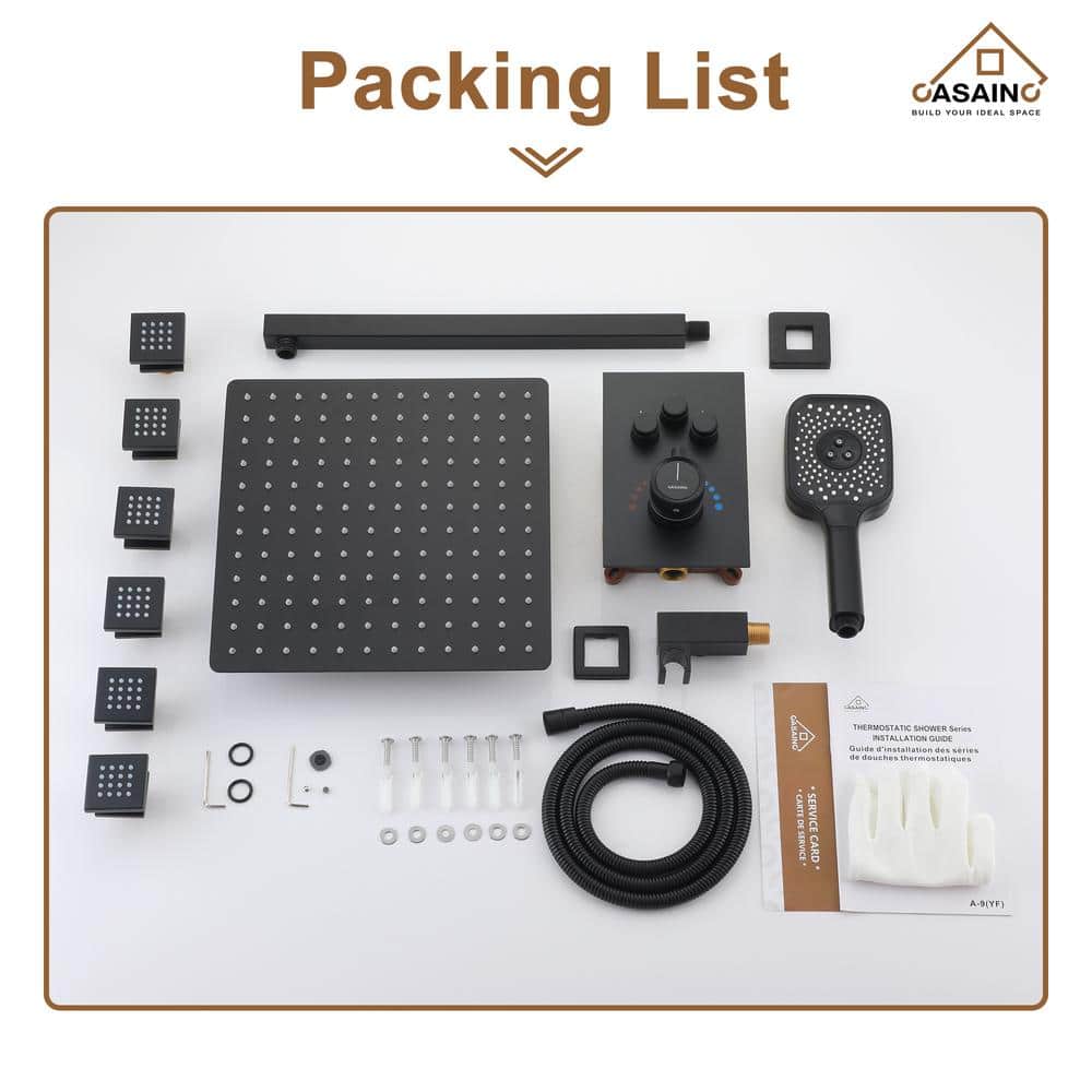 Matte Black 12-Inch Stainless Steel Multi-Head Wall Mounted Shower System