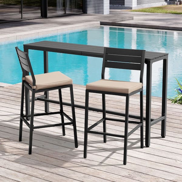 3-Piece Metal Outdoor Bistro Set Bar Set 2 Stool with Backrest and Cushion with Detachable Beige Cover WPC Bar Tabletop