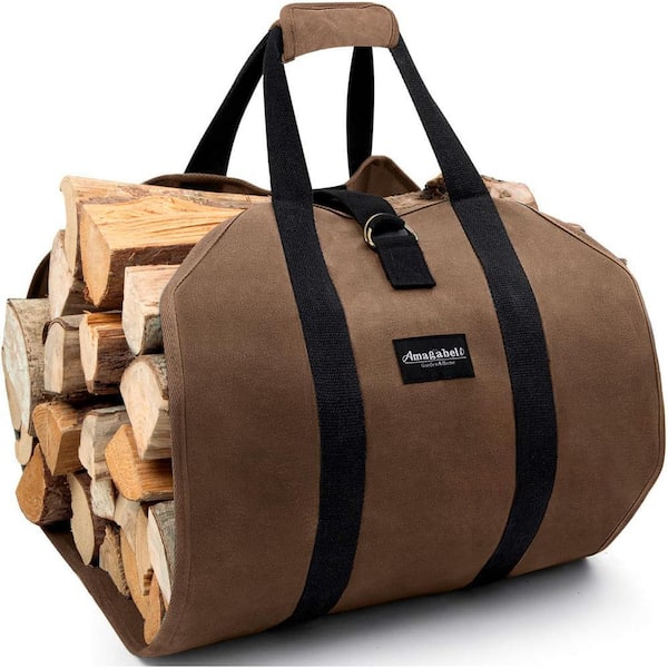 Angel Sar Brown Waxed Canvas Firewood Carrier Bag - Large Log Tote for Indoor/Outdoor Use