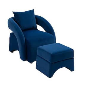 Modern Navy Blue Velvet Upholstered Barrel Arm Accent Chair with Ottoman