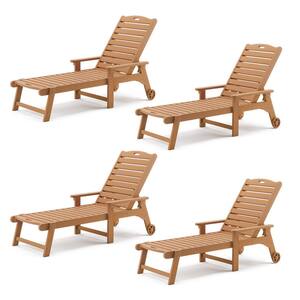 Helen Teak Brown Recycled Plastic Ply Adjustable Outdoor Reclining Chaise Lounge Chairs With Wheels for Pools (Set of 4)