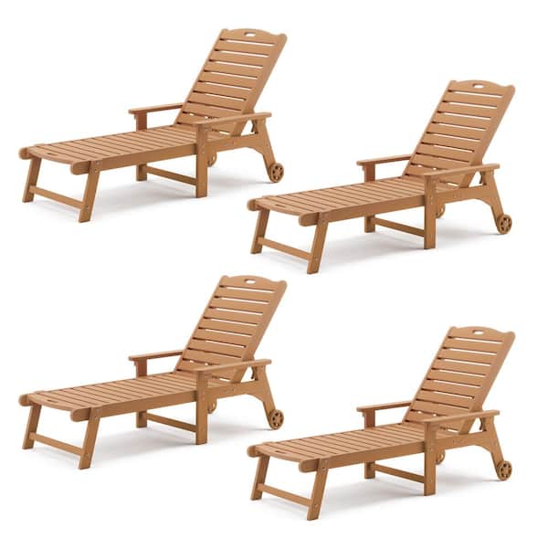 LUE BONA Helen Teak Brown Recycled Plastic Ply Adjustable Outdoor Reclining Chaise Lounge Chairs With Wheels for Pools (Set of 4)