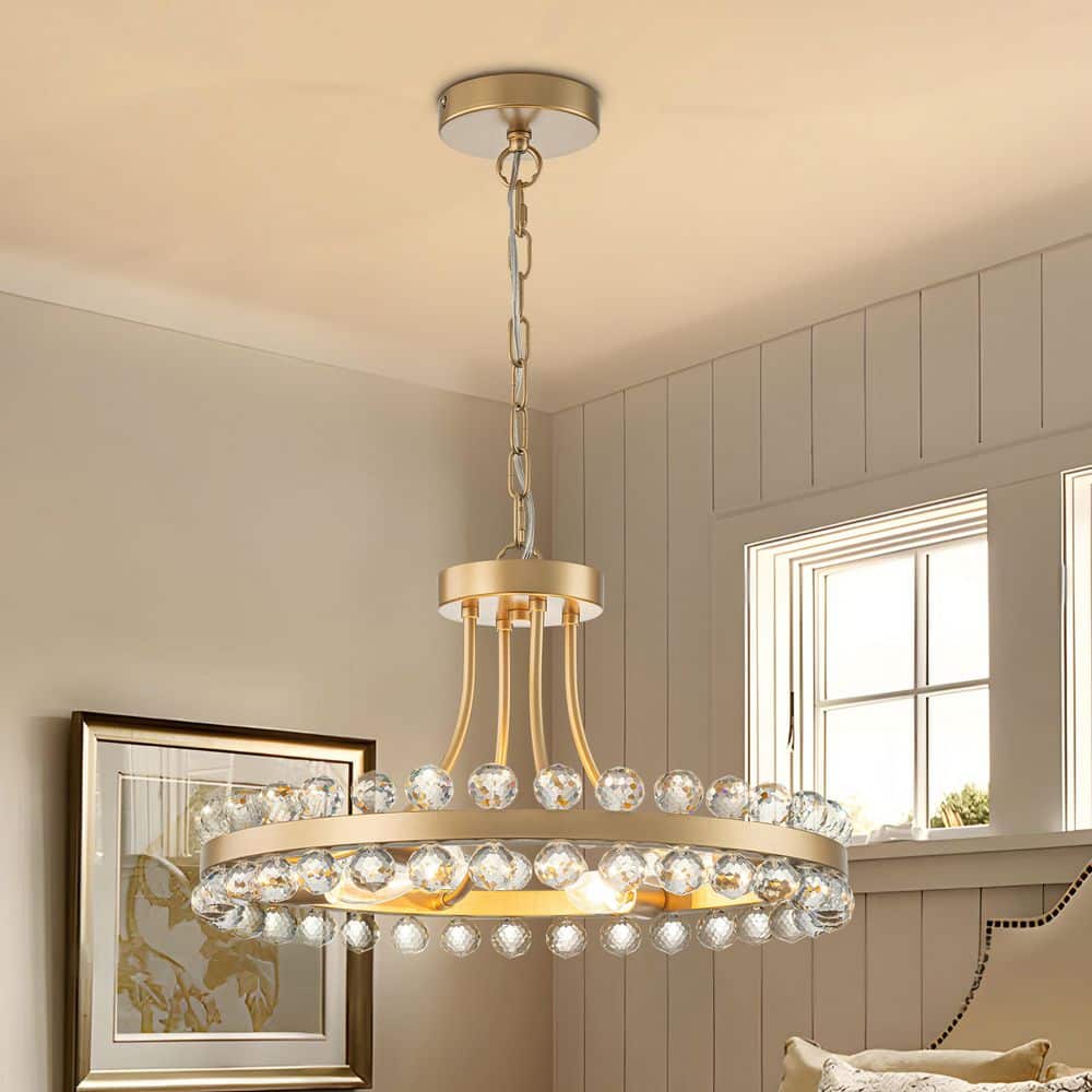Modern 4-Light Gold Crystal Chandelier with Round Frame, E12 Socket Ceiling Light for Dining Room, Foyer, or Bedroom price history on PriceWatchPro