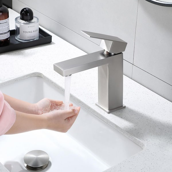 Basin Faucet Single Handle Bathroom Sink Faucet 15° Spout with Pop-Up Drain Set in Stainless Brushed Nickel