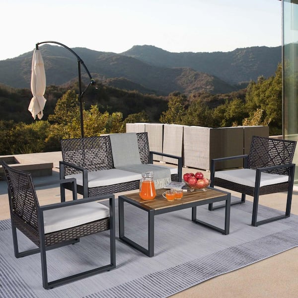 4-Piece Brown Wicker Outdoor Patio Furniture Set with Beige Cushion
