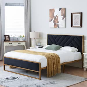 Black Frame Queen Size Velvet Platform Bed with 10 in. Under Bed Storage Supported by Metal and Wooden Slats