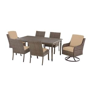 Windsor 7-Piece Brown Wicker Rectangular Outdoor Dining Set with Sunbrella Beige Tan Cushions