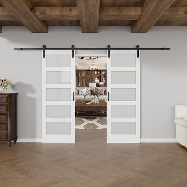 60 in. x 84 in. 5 Equal Lites with Frosted Glass White MDF Interior Sliding Barn Door with Hardware Kit