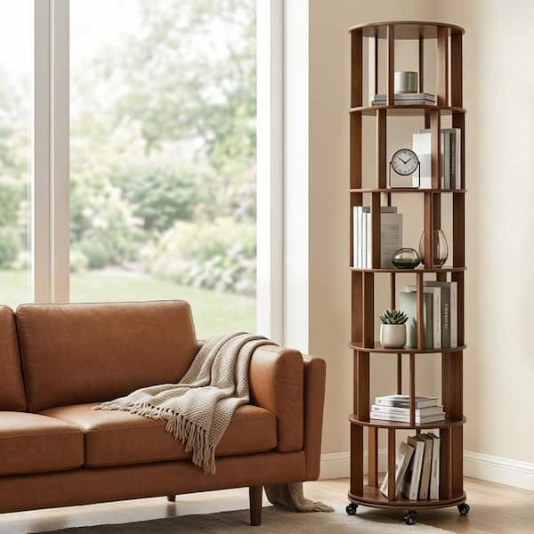 Modern 77.95 in. Tall Walnut Finish Wood 6-Shelf Rotating Corner Bookcase with Locking Casters