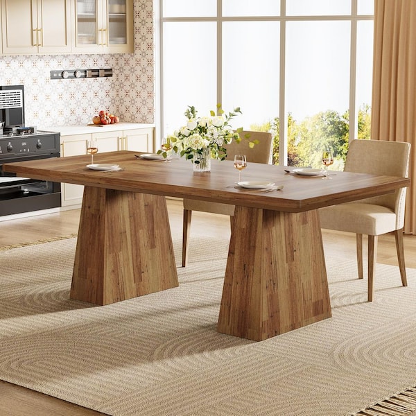 Roesler Brown Wood 63 in. Pedestal Dining Table Seats-6, Modern Kitchen Table with Heavy Duty Legs for Home, Dining Room