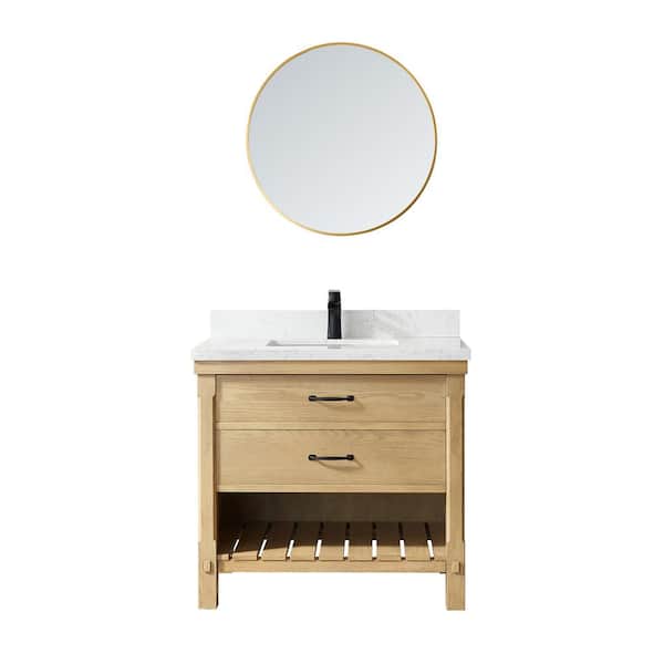 ROSWELL Valencia 36 in. W x 22 in. D x 33.9 in.H Single Sink Bath Vanity in Washed Ash with White Stone Countertop and Mirror