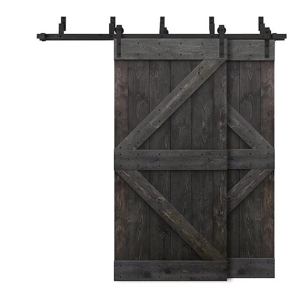 CALHOME 40 in. x 84 in. K-Bypass Charcoal Black Stained DIY Solid Wood Interior Double Sliding Barn Door with Hardware Kit