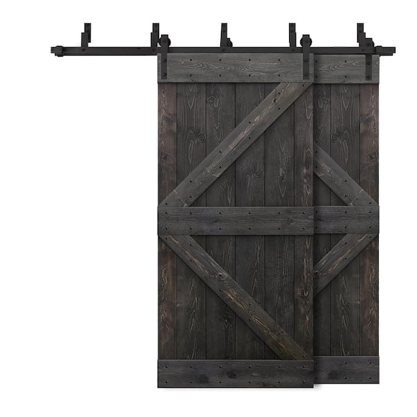 CALHOME 64 in. x 84 in. K Bypass Charcoal Black Stained DIY Solid Wood Interior Double Sliding Barn Door with Hardware Kit