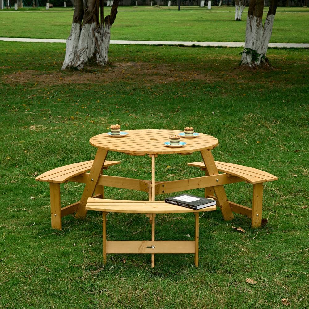 GOGEXX 63 in. W x 63 in. D x 27.5 in. H 6-Person Wooden Outdoor Picnic Tables Kit 3 Built-in Benches, with Umbrella Hole