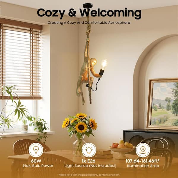 OUKANING 1-Light Gold Vintage Resin Hemp Rope Monkey Pendant Light