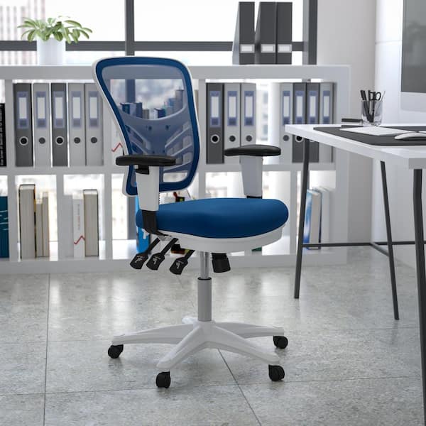 white desk blue chair