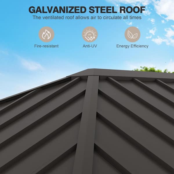 12 ft. x 16 ft. Aluminum Wood-Grain Frame Hardtop Gazebo Iron Roof Gazebo with Mesh and Curtains.