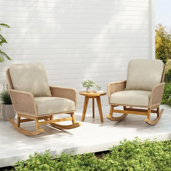 ​Modern Beige Rocking Wicker Outdoor Lounge Chair Set with Cushion Guard Beige Cushions (3-Piece)​