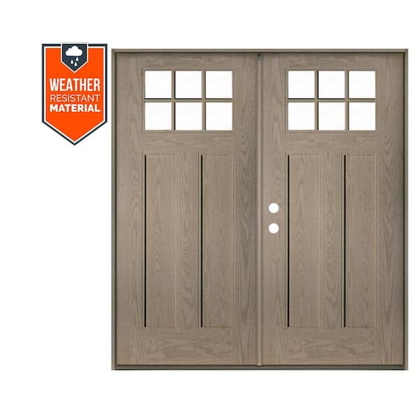 Craftsman 72 in. x 79 in. 6-Lite Right-Active/Inswing Clr Glass Oiled Leather Stain Double Fiberglass Prehung Front Door