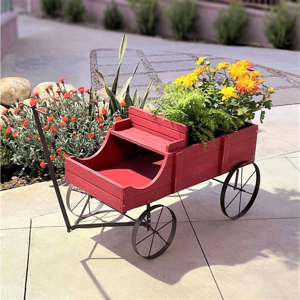 Red Wooden Buckboard Wagon Garden Planter