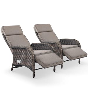 2-Pack Brown Wicker Outdoor Pneumatic Pump Gravity Adjustable Recliner for Patio with CushionGuard Gray Cushions