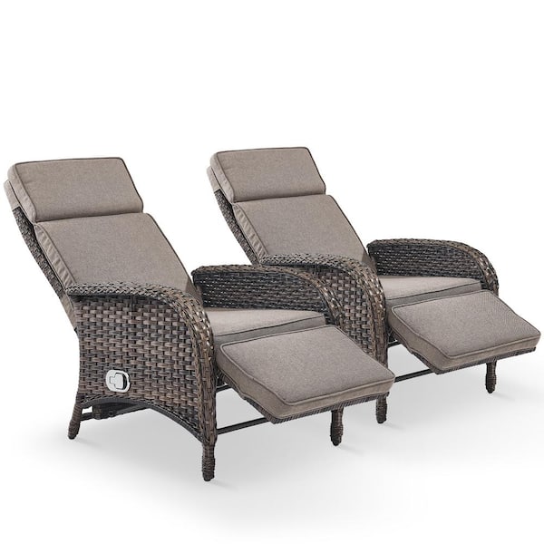 Pocassy 2-Pack Brown Wicker Outdoor Pneumatic Pump Gravity Adjustable Recliner for Patio with CushionGuard Gray Cushions