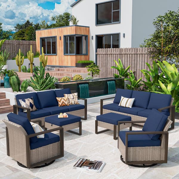 MeetLeisure Wicker 8 Seat 6-Piece Steel Outdoor Patio Conversation Set with Blue Cushions