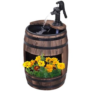 Unique Outdoor Water Fountain Brown Wood and Metal Waterfall, Rustic Apple Barrel Pump Garden Decor for Outside Backyard