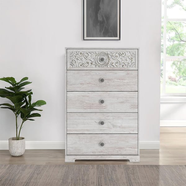 Benjara 19.33 in. White 5-Drawer Tall Dresser Chest Without Mirror