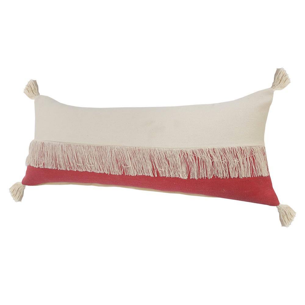 Raspberry Red and Off-White Cotton Lumbar Throw Pillow, 14" x 36"