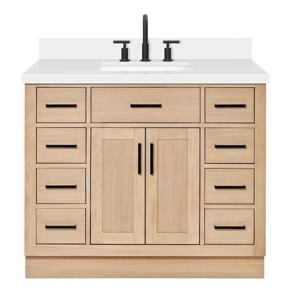Hepburn 43 in. W x 22 in. D x 36 in. H Single Freestanding Bath Vanity in Oak with Pure White Quartz Top