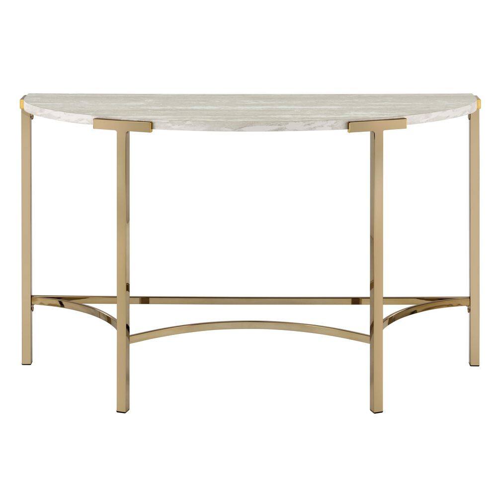 Champagne Gold Metal Half-Circle Console Table with Faux Marble Top