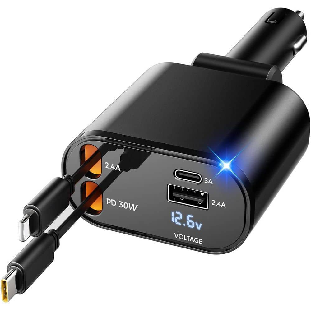 Retractable Car Charger 4 in 1 with Fast Charging, USB C and Apple Adapter Voltage Display for Battery Health Monitoring price history on PriceWatchPro