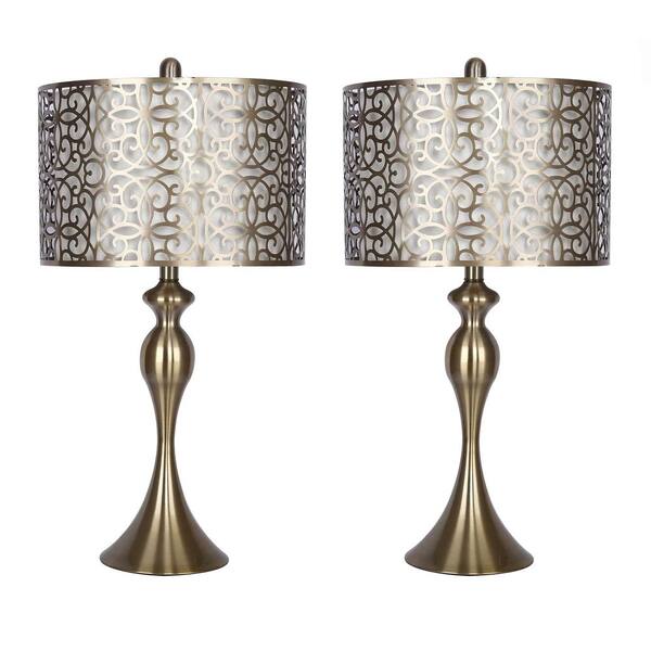 GRANDVIEW GALLERY 27 in. Antique Soft Brass Table Lamps with Sleek Curvy Body and Antique Soft Brass Shades (2-Pack)