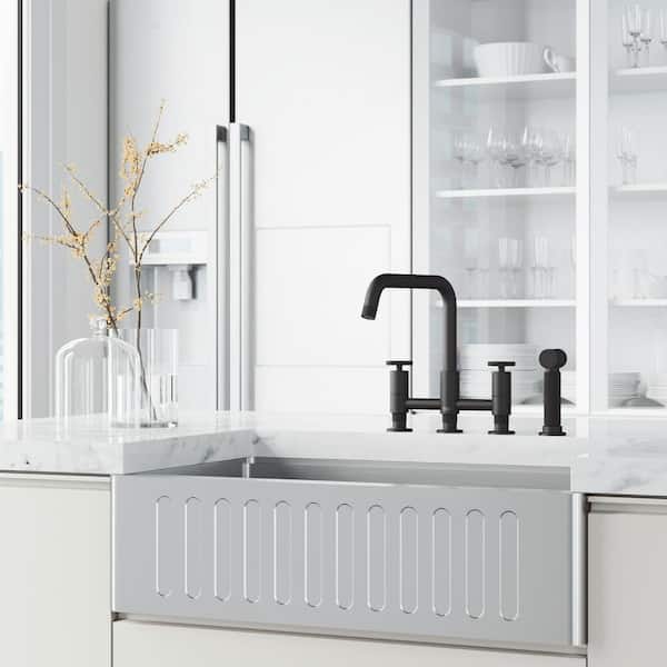 Cass Double Handle 8 in. Widespread Bridge Kitchen Faucet with Pull-Out Sprayer in Matte Black