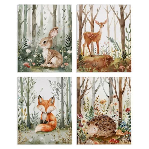 Baby Animals in Woods by LSR Design Studio 4-Pieces Unframed Animal Graphic Art Print 20 in. x 16 in.