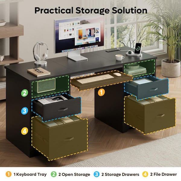 Bestier 59 in. Rectangular Black Computer Desk with Drawers and